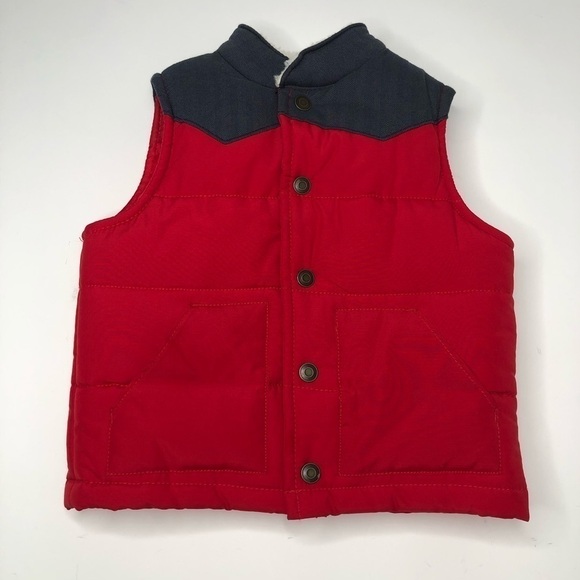 CARTER’S Red Grey Sherpa Collared Color Block Cozy Puffer Snap-up Toddler Vest - Picture 2 of 14